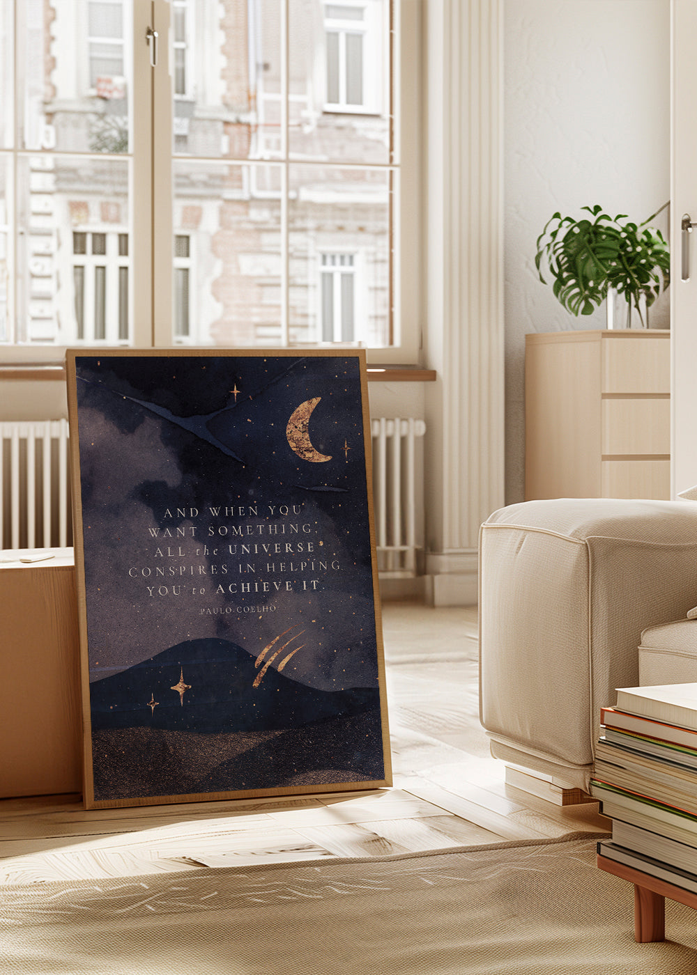 Illustratie van maanverlicht universum met citaat