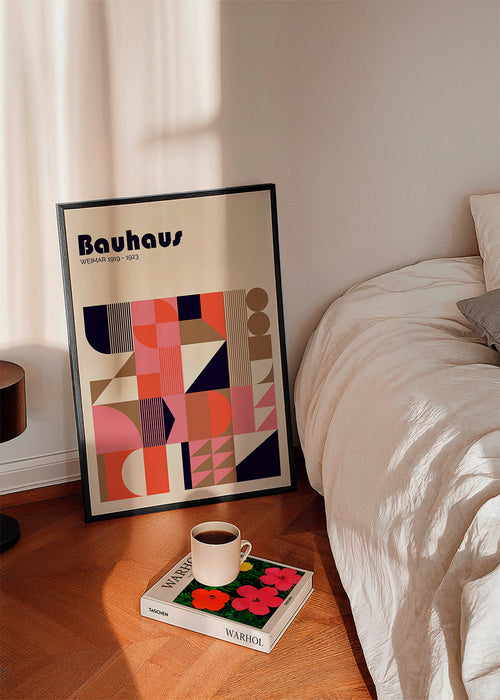 Geometrisch Bauhaus-poster koraal en roze
