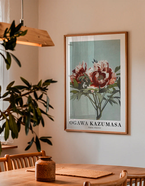 Botanische poster Rode pioen op aquamarijn