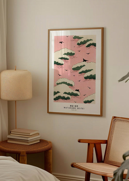 Japanse illustratie roze lucht met gestileerde wolken en vogels