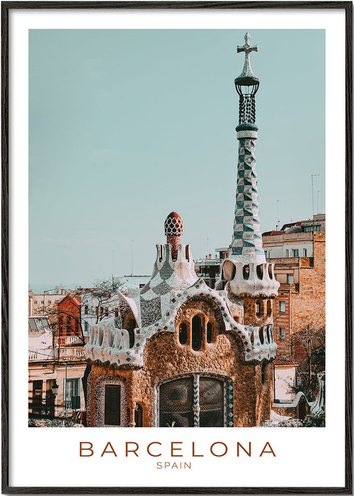 Reisposter Barcelona: modernistische gevel in close-up