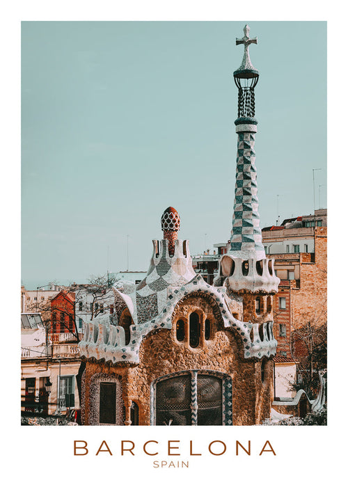 Reisposter Barcelona: modernistische gevel in close-up