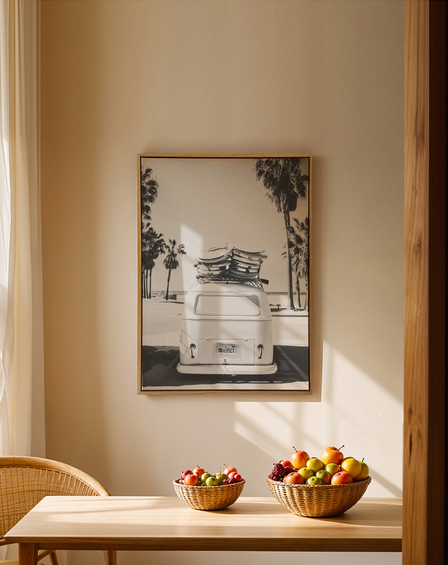 Beach Vintage Van Black & White - Framed canvas in an interior