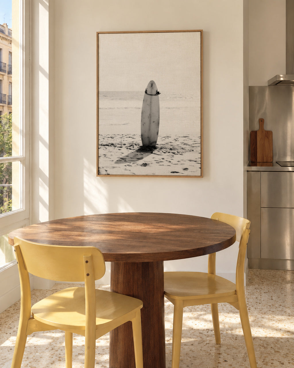 Beach Vintage Surfing board Black & White - Framed canvas in an interior