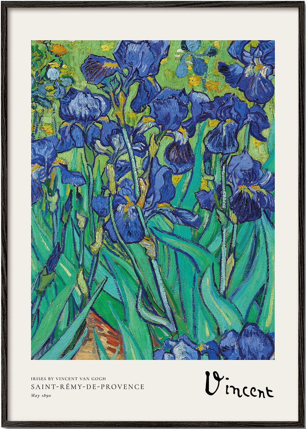 Botanische print: blauwe irissen met expressieve penseelstreek