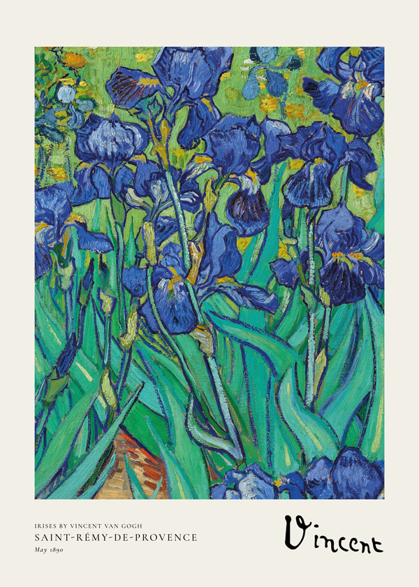 Botanische print: blauwe irissen met expressieve penseelstreek