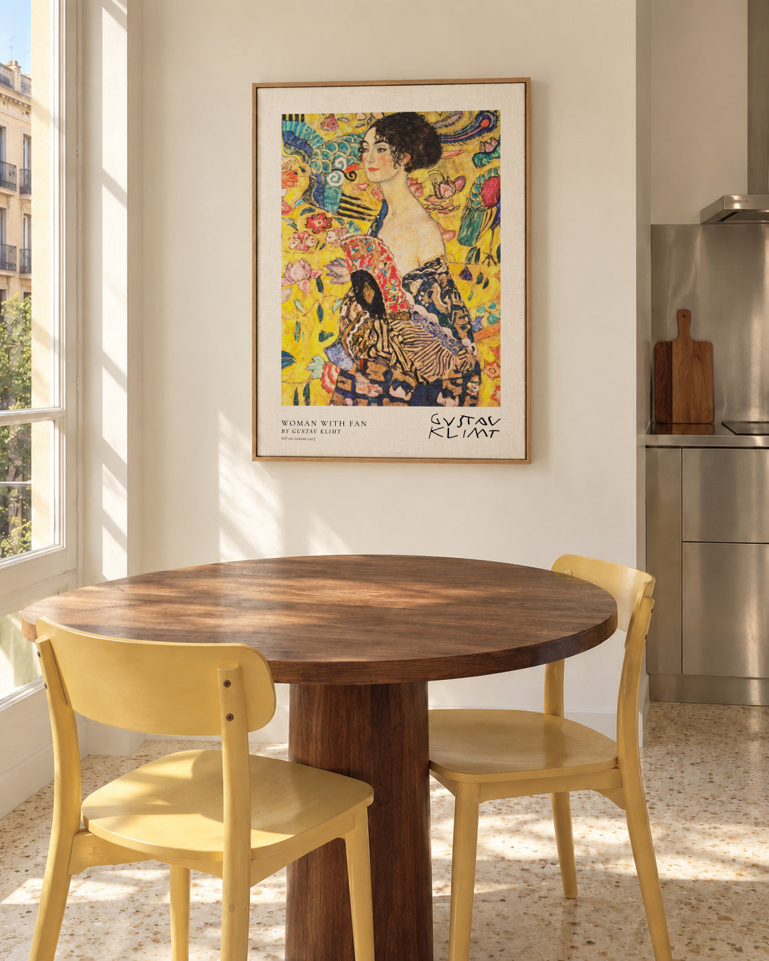 Woman with Fan by Gustav Klimt - Framed canvas in an interior