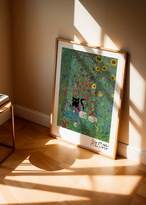 Kat in tuin kunstwerk Klimt-stijl