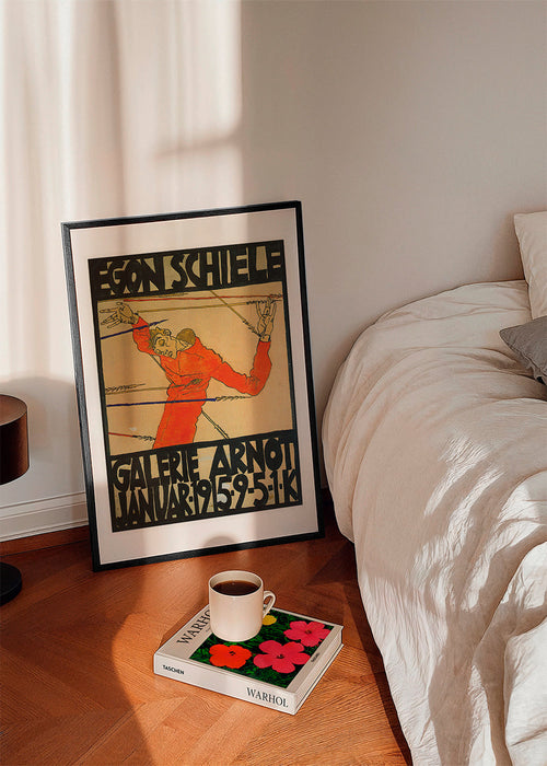 Vintage poster met rode figuur en opvallende typografie