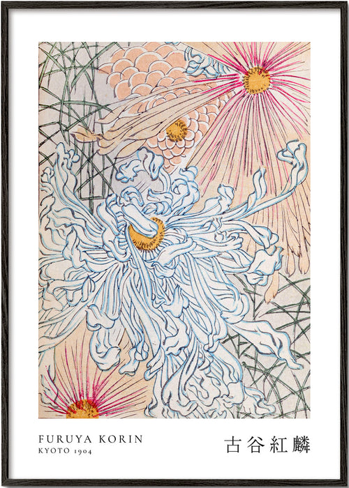 Japanse botanische print met blauwe chrysant