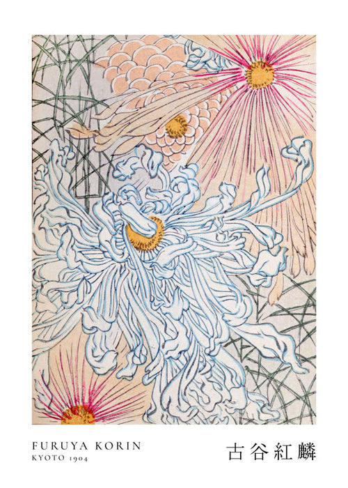 Japanse botanische print met blauwe chrysant