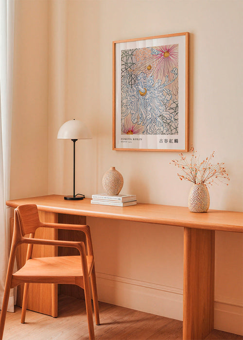 Japanse botanische print met blauwe chrysant