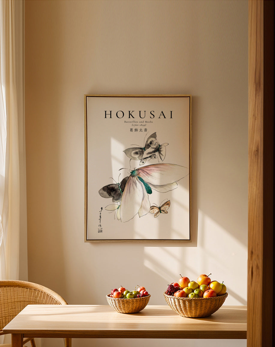Butterflies and Moths by Katsushika Hokusai - Framed canvas in an interior