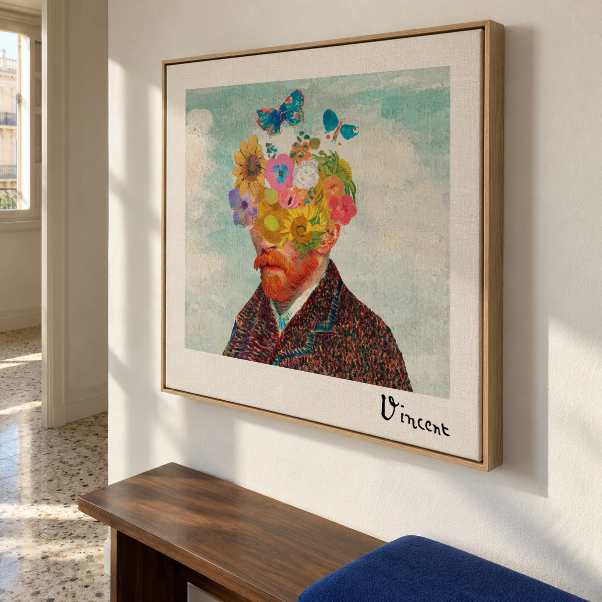 Vincent van Gogh inspired self-portrait & flower remixed - Square - Framed canvas in an interior