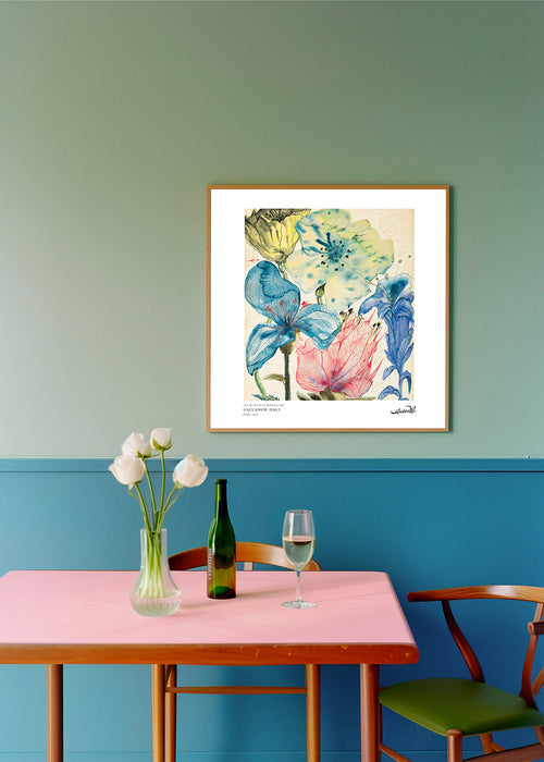 Botanische print: aquarel blauwe en roze bloemen