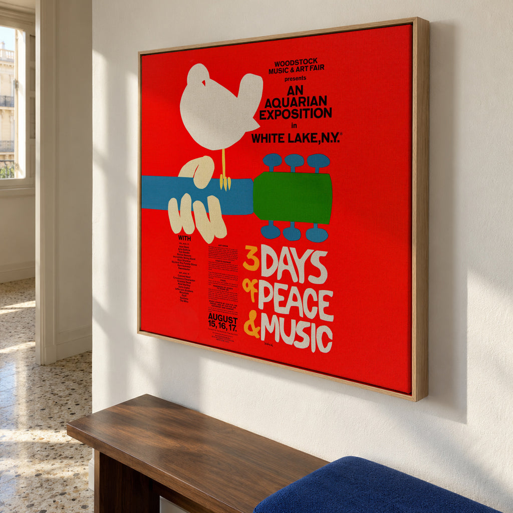 Woodstock 1969 Poster - 3 days of peace & music - Square - Framed canvas in an interior
