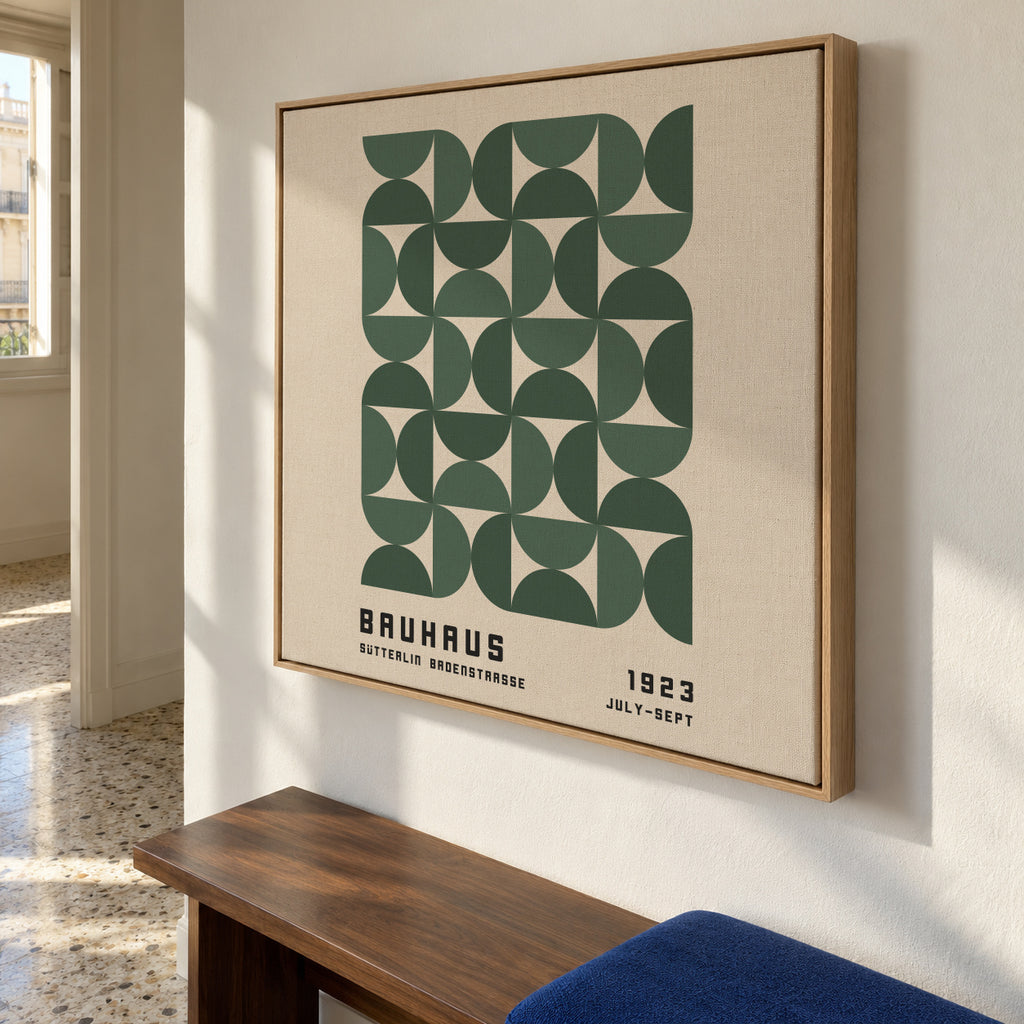 Bauhaus Green Exhibition Poster - Square - Framed canvas in an interior