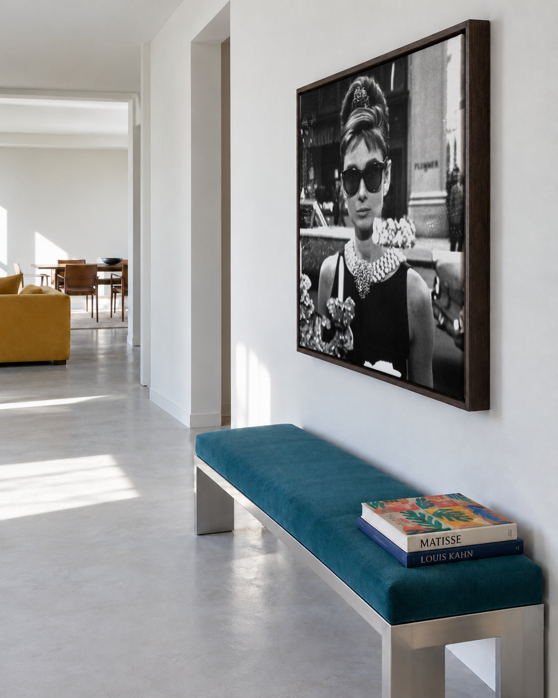 Audrey Hepburn in Breakfast at Tiffany vintage photograph. - Square - Framed canvas in an interior