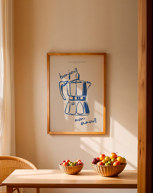 Keuken kunst moka blauw met handschrift