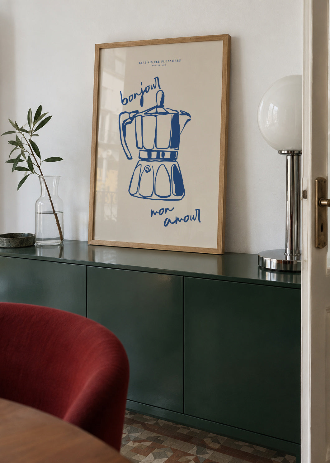 Life Simple simple pleasures - Bonjour mon amour - Framed poster in an interior