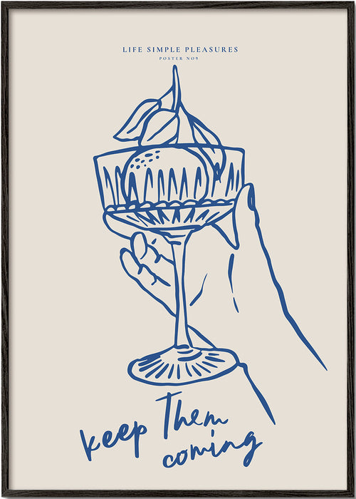 Keuken kunst: cocktailglas in blauwe lijnillustratie