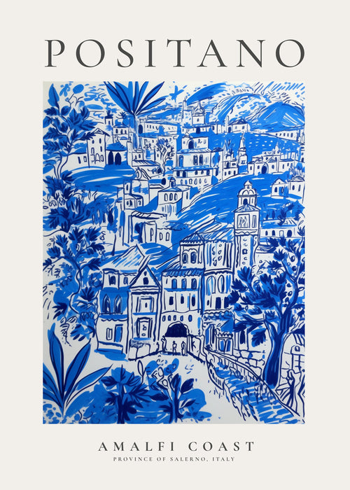 Reisposter Positano blauwe illustratie