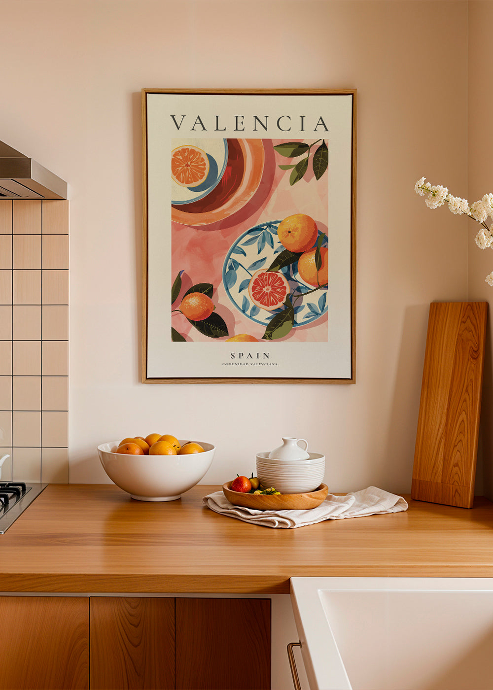 Reisposter: Valencia met sinaasappels en bord