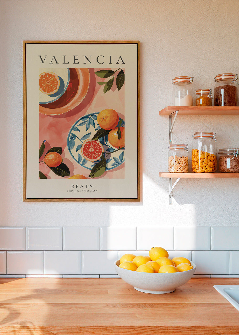 Reisposter: Valencia met sinaasappels en bord