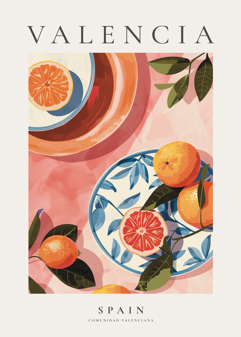Reisposter: Valencia met sinaasappels en bord