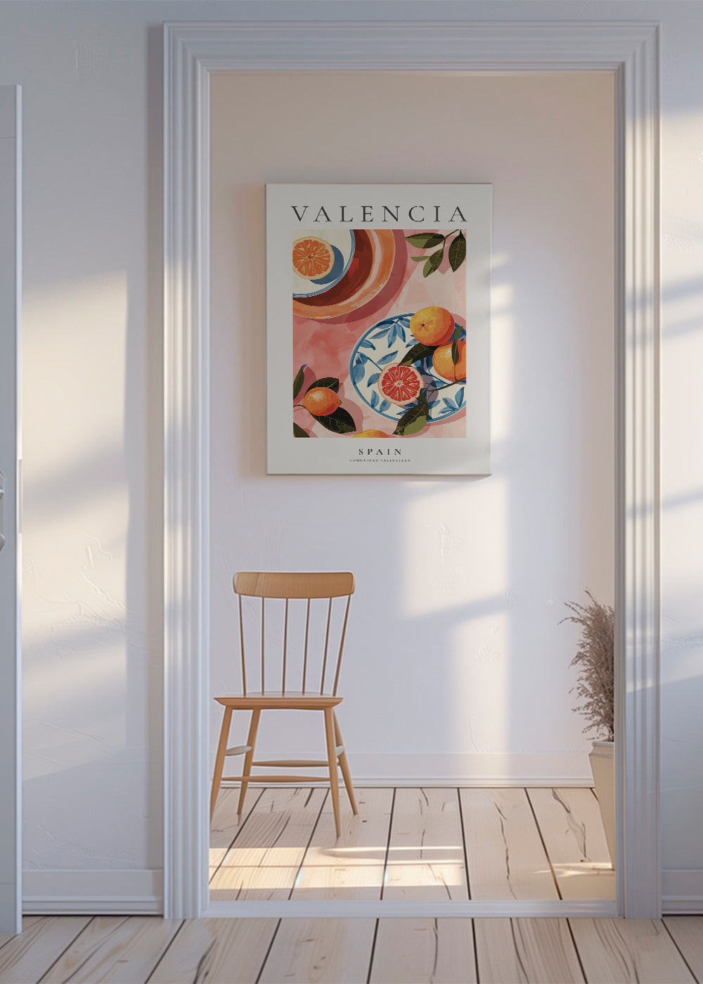 Reisposter: Valencia met sinaasappels en bord