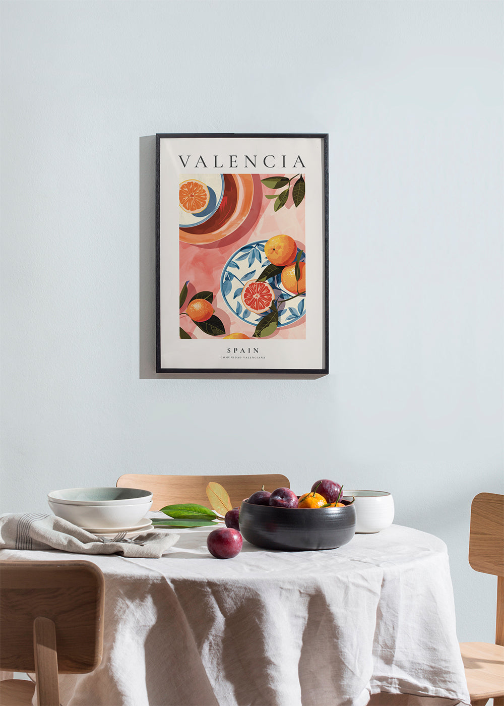 Reisposter: Valencia met sinaasappels en bord