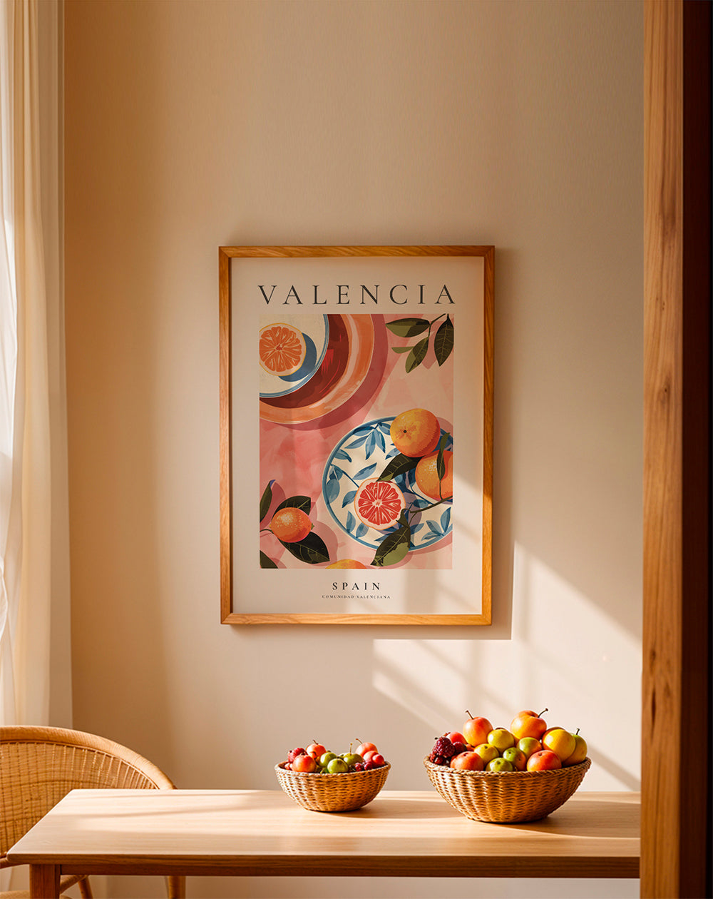 Reisposter: Valencia met sinaasappels en bord