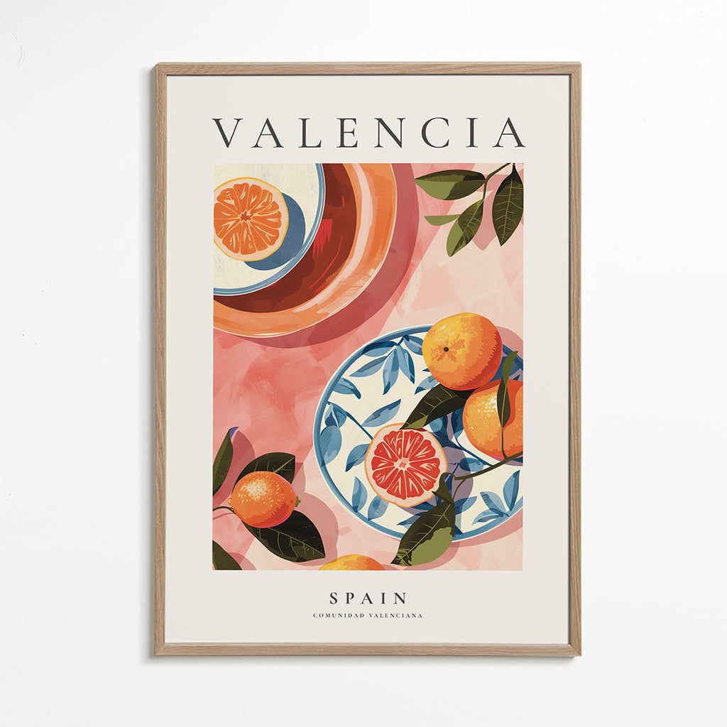 Reisposter: Valencia met sinaasappels en bord