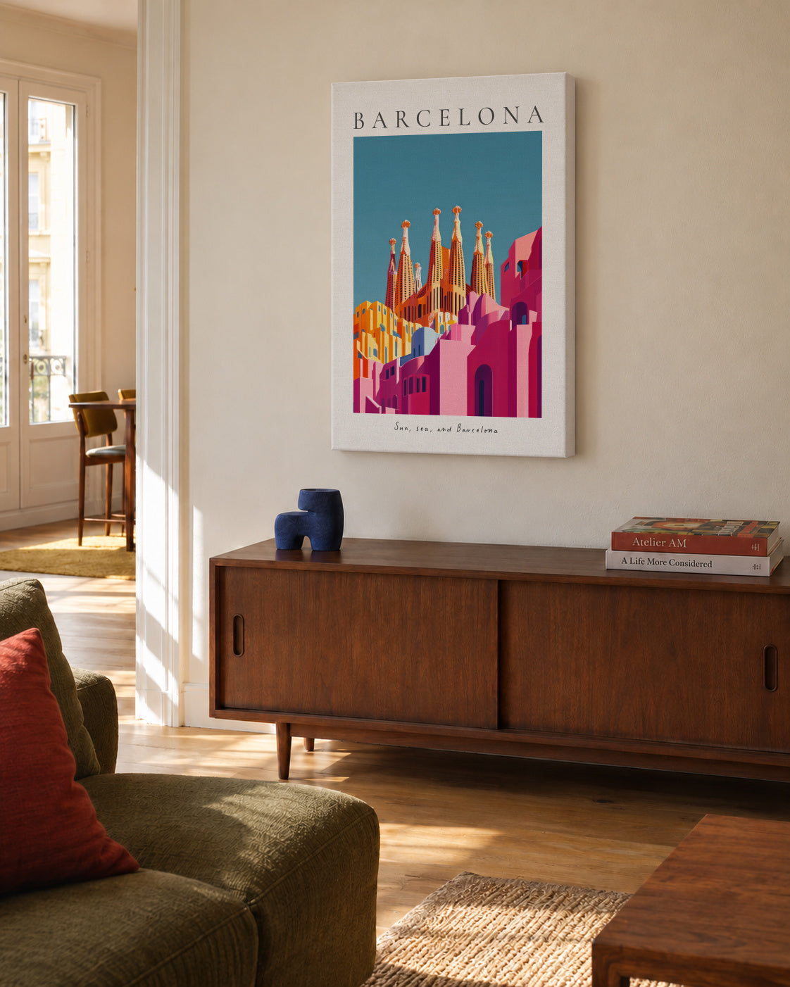 Sun, Sea and Barcelona - Unframed canvas in an interior