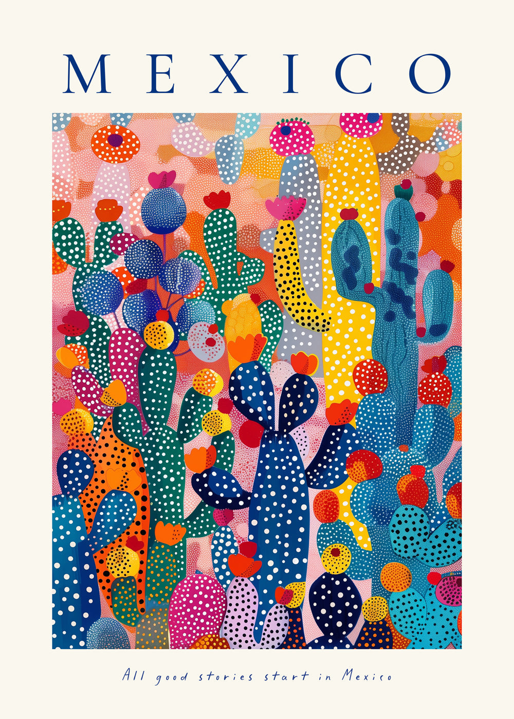 Reisposter Mexico met geïllustreerde cactussen