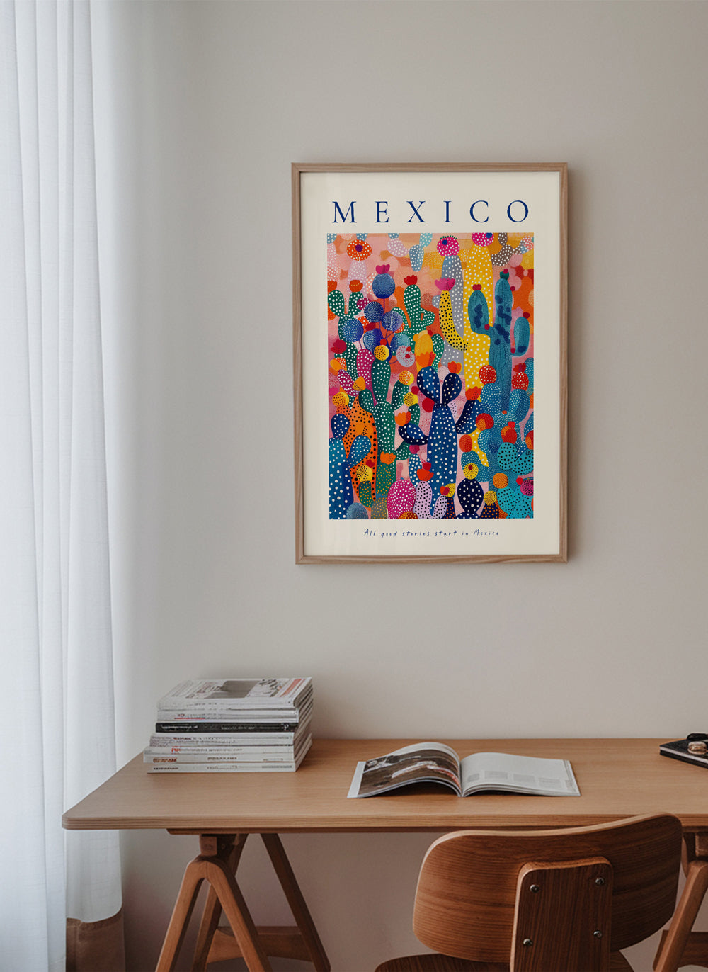 Reisposter Mexico met geïllustreerde cactussen