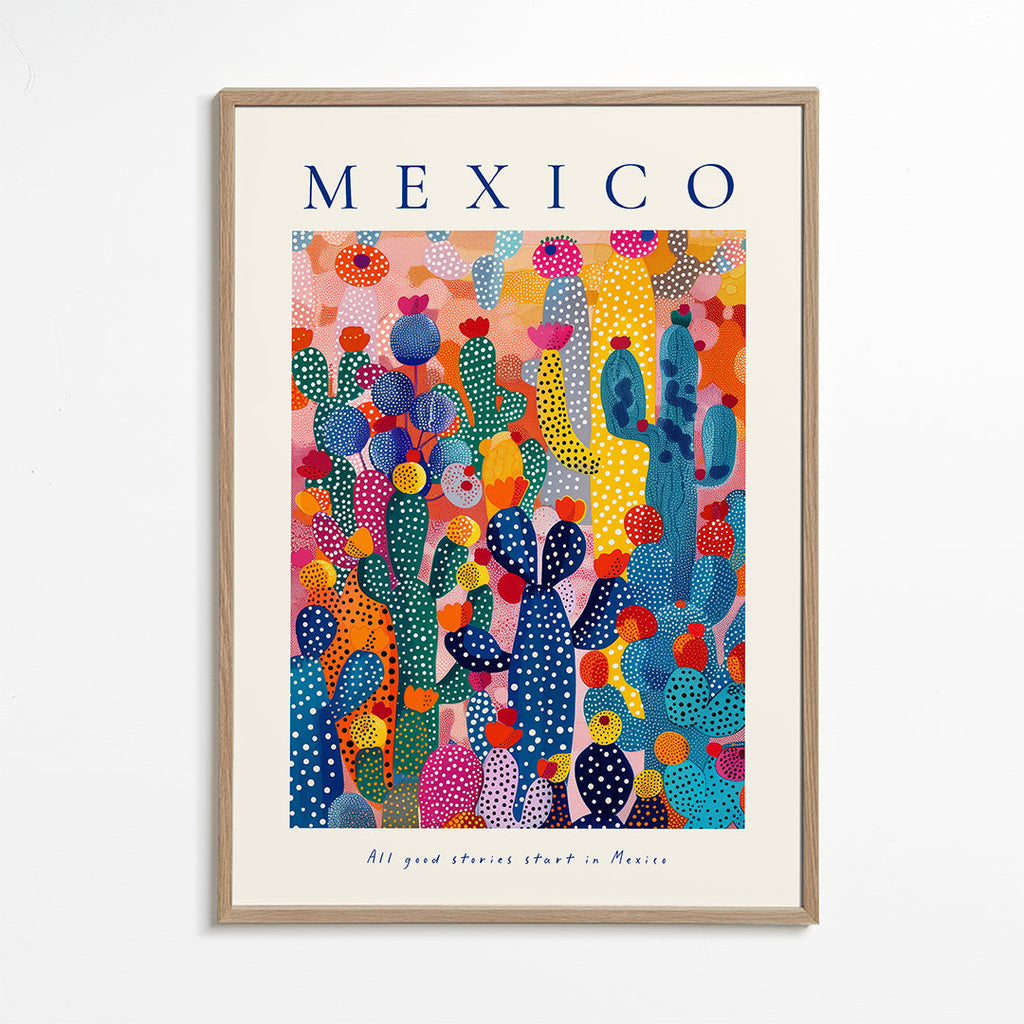 Reisposter Mexico met geïllustreerde cactussen