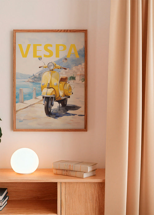 Steden poster Gele Vespa aan de kust