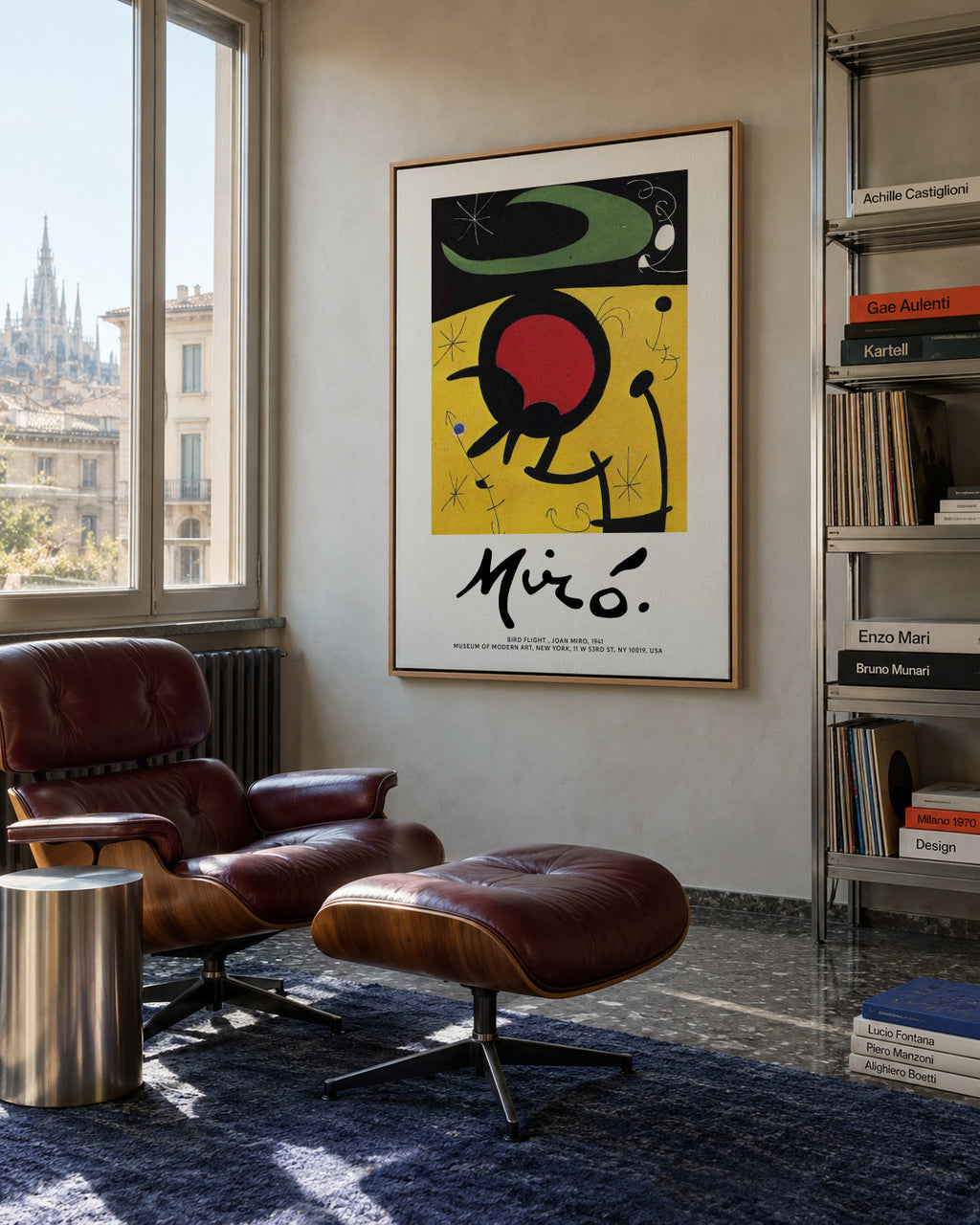 Joan Miro, Bird Flight - Framed canvas in an interior