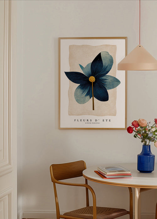 Botanische print blauw met centrale bloem