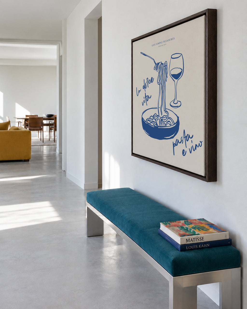 Life Simple simple pleasures - La Dolce Vita, Pasta e vino - SQUARE - Framed canvas in an interior