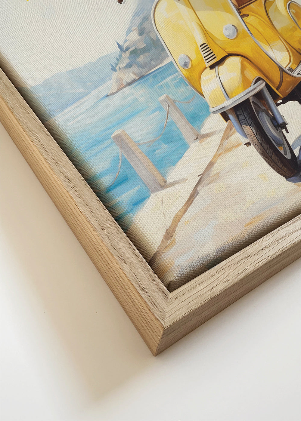 Vintage poster gele Vespa aan zee