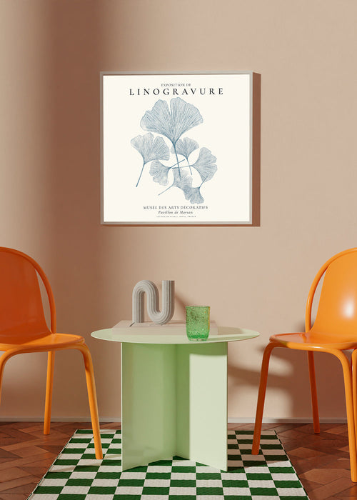 Botanische print Ginkgo linodruk in blauw