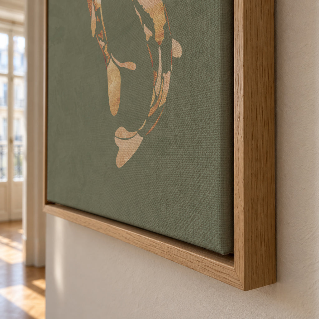 Gold Koi Fish sage green 1 - Framed canvas detail