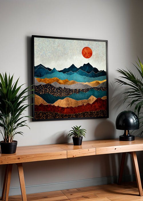 Landschapskunst met gelaagde bergen en amberzon