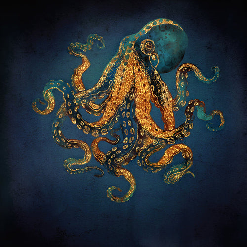 Gouden octopus op diepblauwe achtergrond