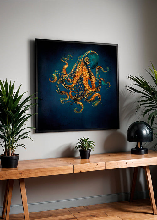 Gouden octopus op diepblauwe achtergrond