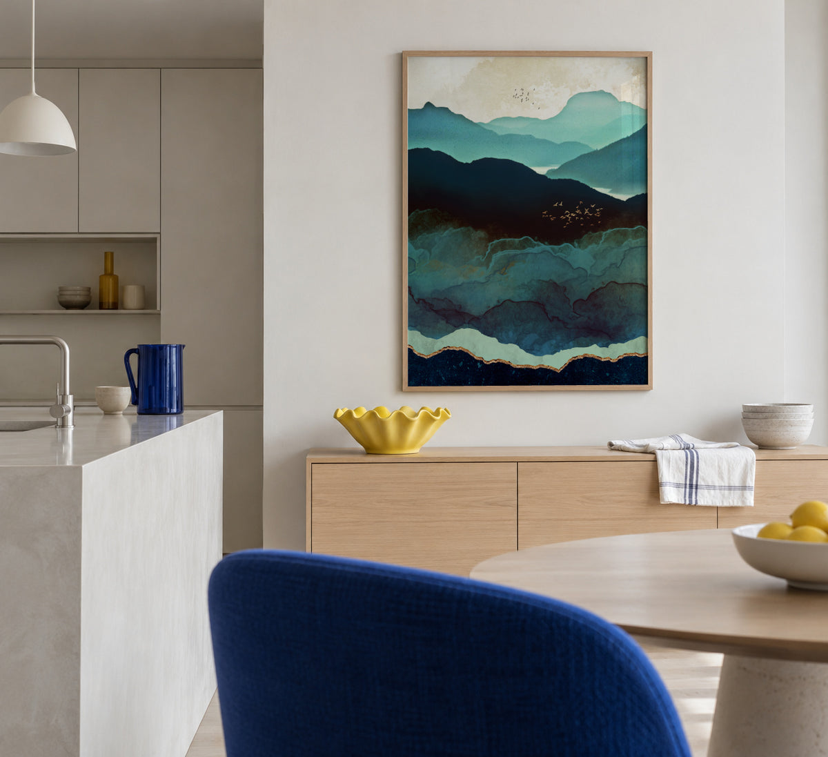 Indigo Mountains - Framed poster in an interior