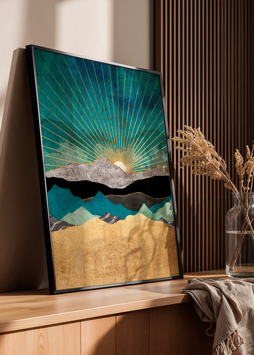 Landschapskunst met gouden zon en geometrische lagen