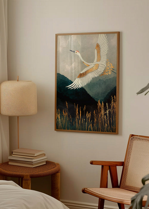 Gouden kraanvogel in vlucht